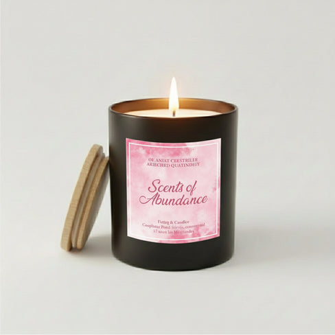 Scents of Abundance candle in a black jar with an abstract pink label