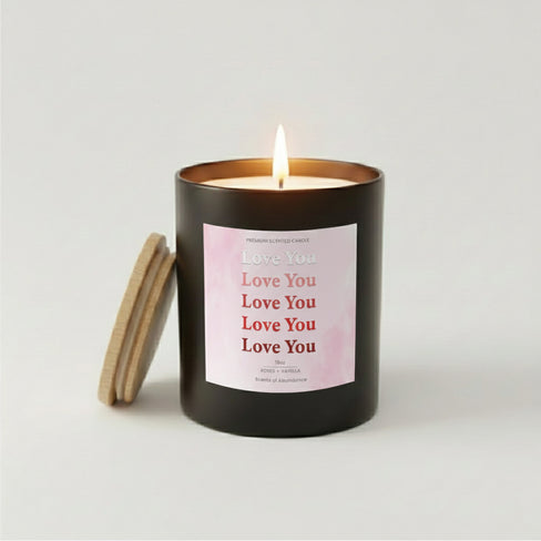 Love You scented candle in a black jar with a pink label.