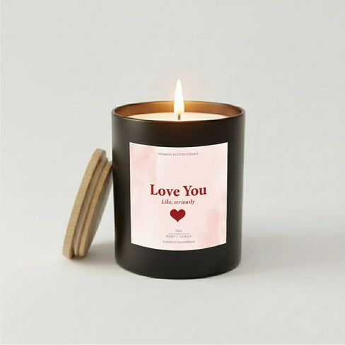 ove You Like Seriously candle in black jar with heart