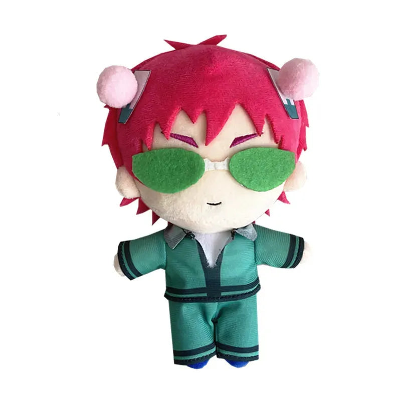 Saiki K Plush with red hair, green sunglasses, and a green outfit on a white background