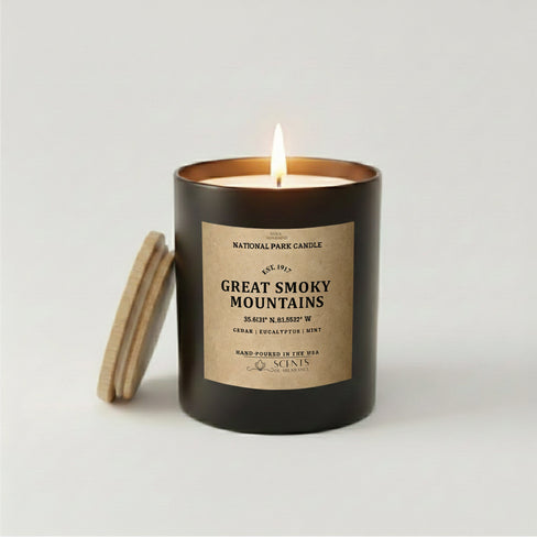 Great Smoky Mountains National Park scented candle in a black jar