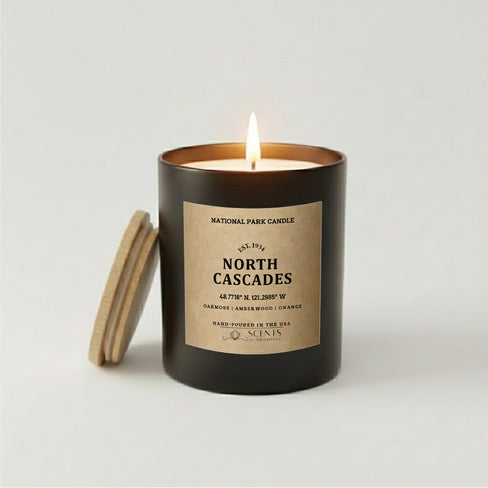 North Cascades National Park scented candle in a black jar