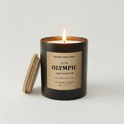Olympic National Park scented candle in a black jar