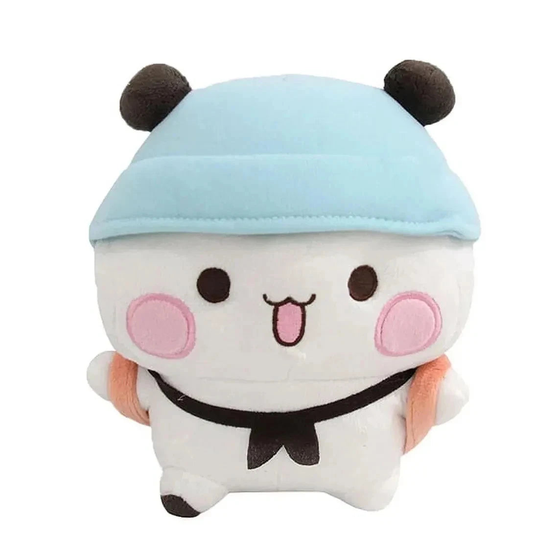 Cute plush toy bubu with a light blue hat and pink cheeks on a white background
