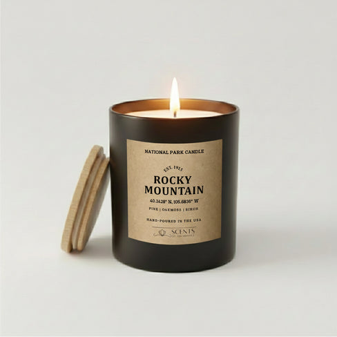 Rocky Mountain National Park scented candle in a black jar