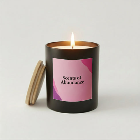 Lit Scents of Abundance candle in a black jar with a pink label.