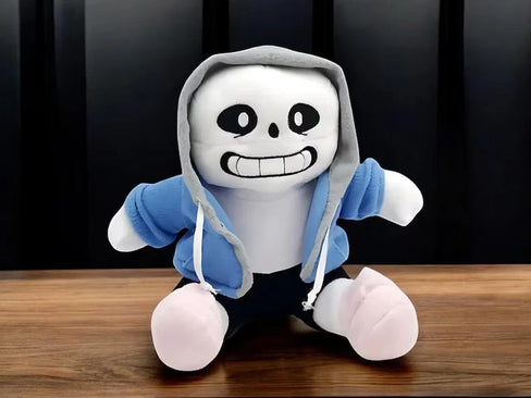 undertale sans plush toy with a character design on a wooden surface