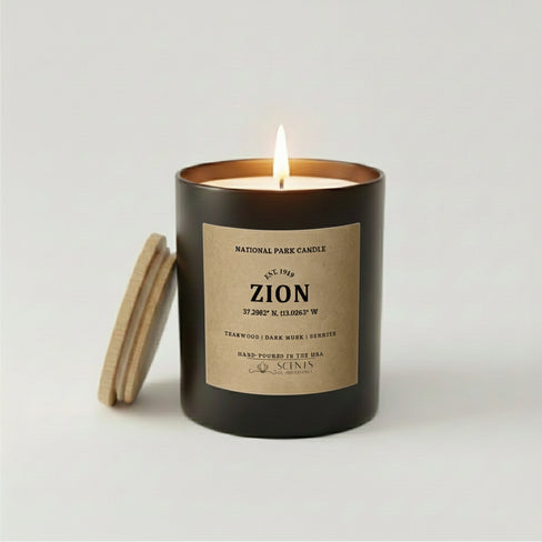 Zion National Park scented candle in a black jar